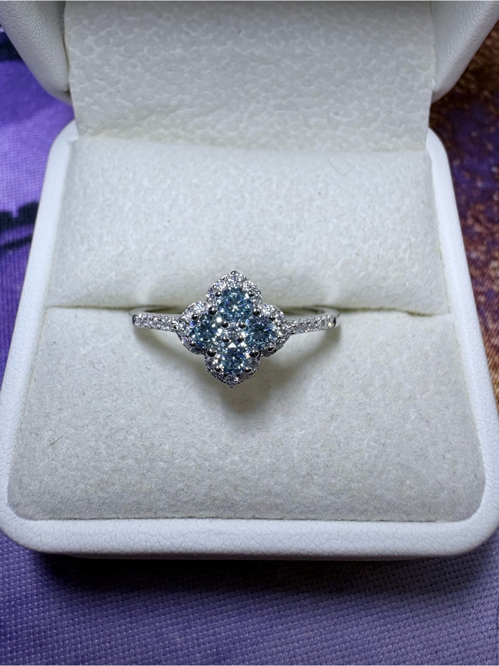 Sterling Silver S925 Blue Topaz Moissanite Ring - Sparkling Blue Clover Design